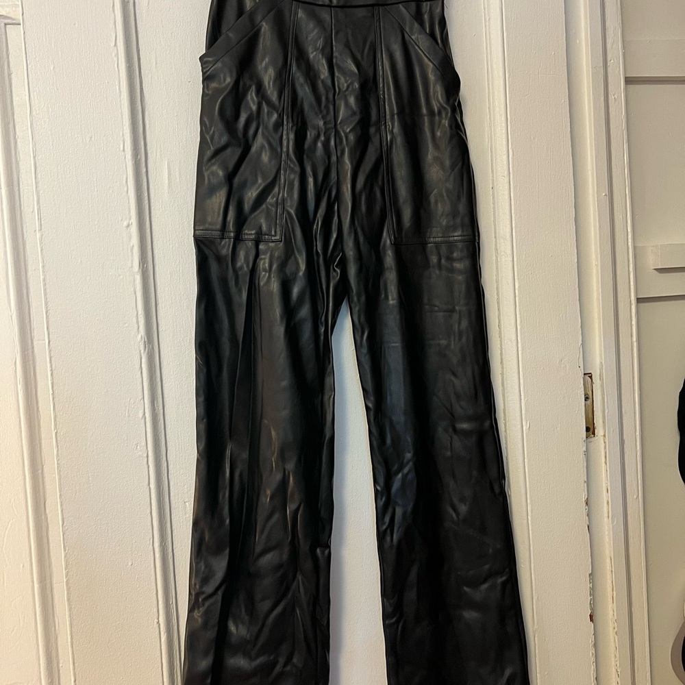 PrettyLittleThing Black Faux Leather Women's Wide Legged Trousers